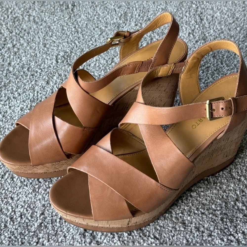 Franco Sarto cork wedge sandal size 11. Cognac, leather upper. - Picture 2 of 9